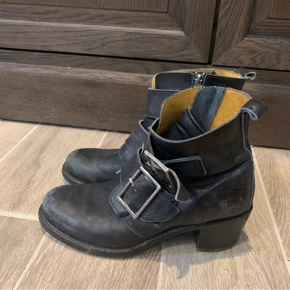 Frye Double Buckle Black Leather Ankle Boots